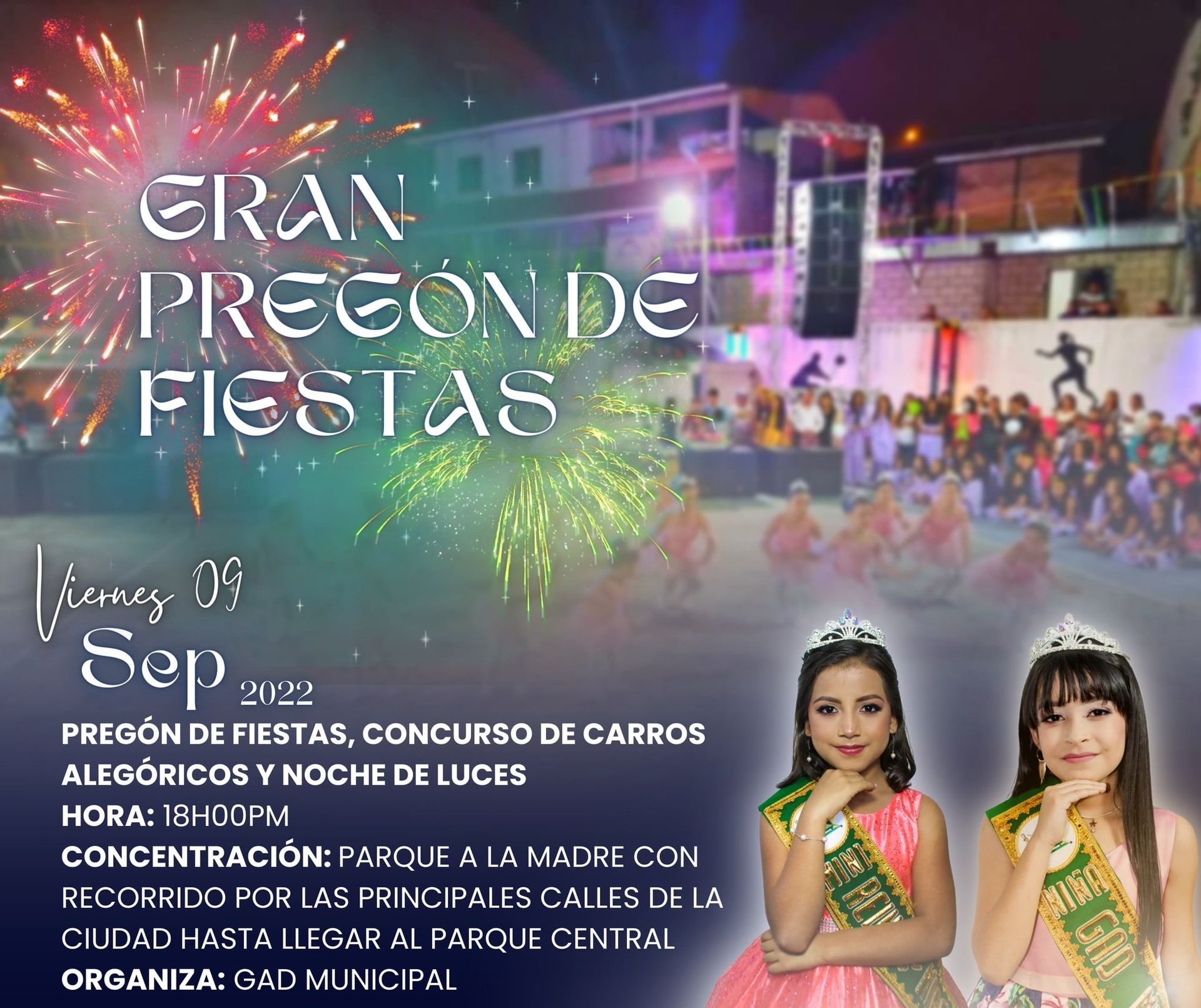 Pregón de fiestas concursos de carros alegóricos y noche de luces 